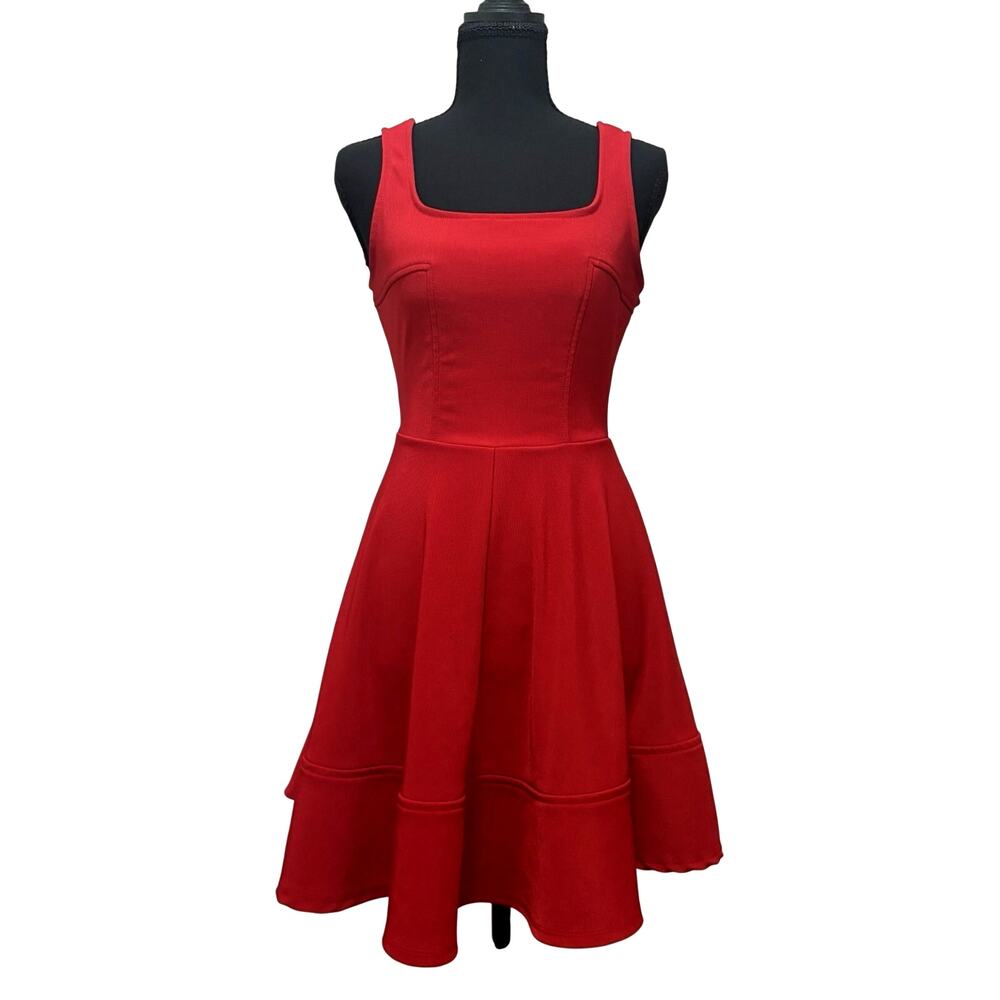Lulus Red Fit Flare Dress Womens Small Sleeveless Square Neck Skater Back Zip